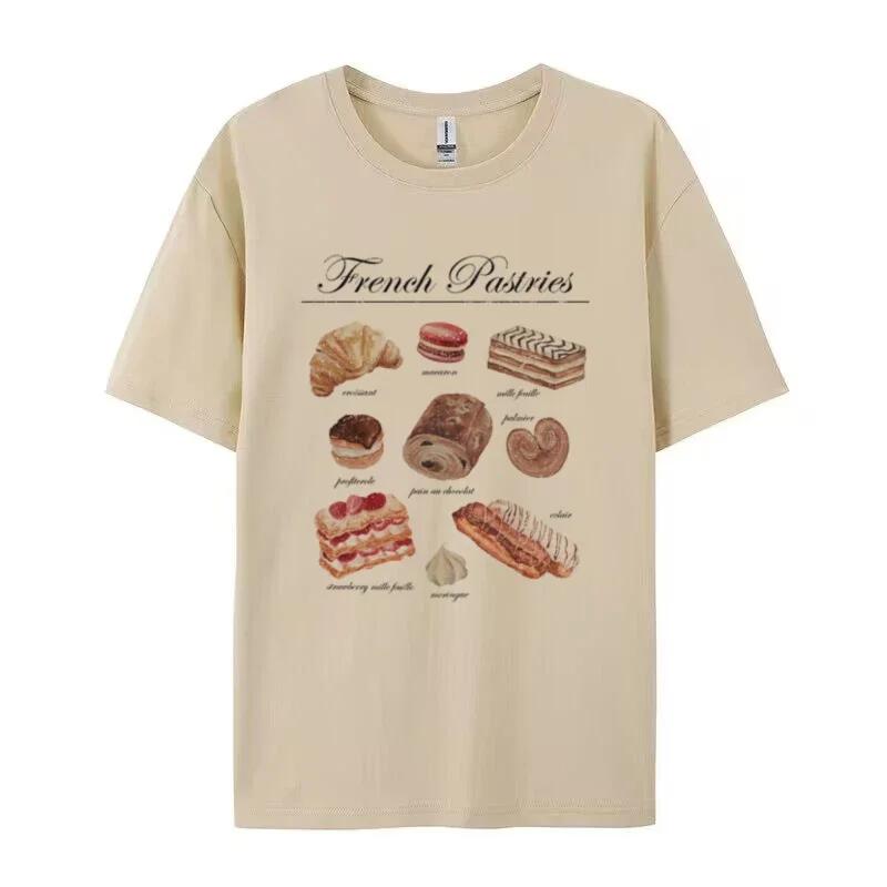French Pastries Graphic Tees Cotton Women Vintage Boho TShirt Cute Loose Baking T Shirt Aesthetic Foodie Shirt Desserts Lover
