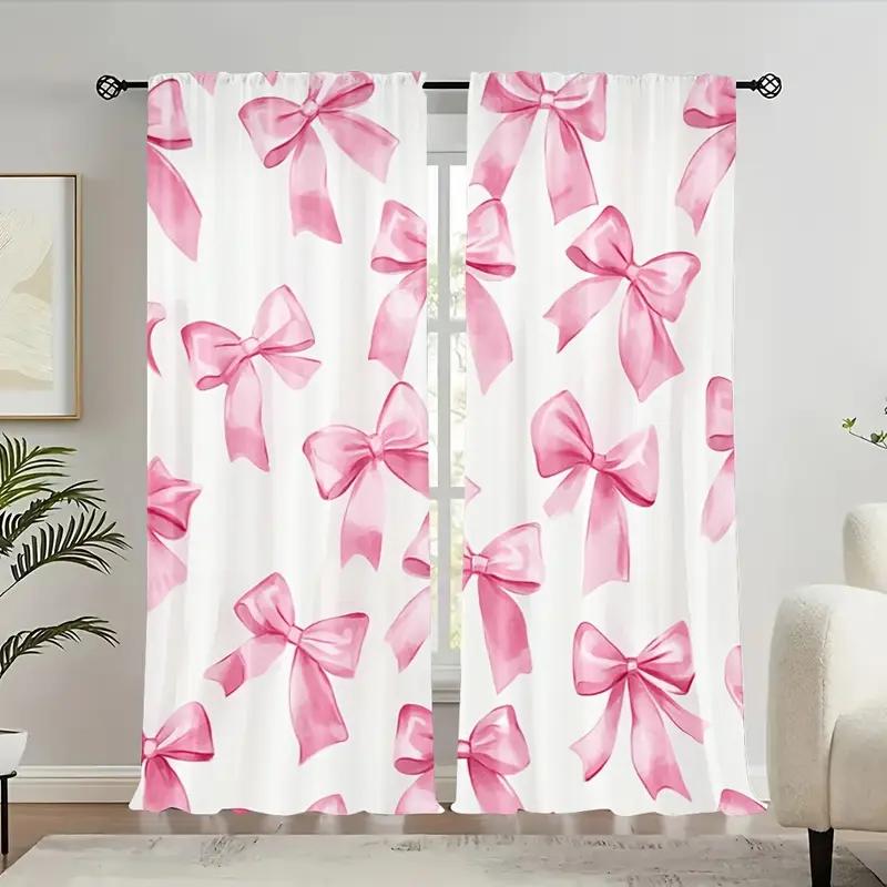 2PCS Pink Bow Curtains with Rod Bag Design for Privacy Protection   Suitable for Various Decorative Scenarios