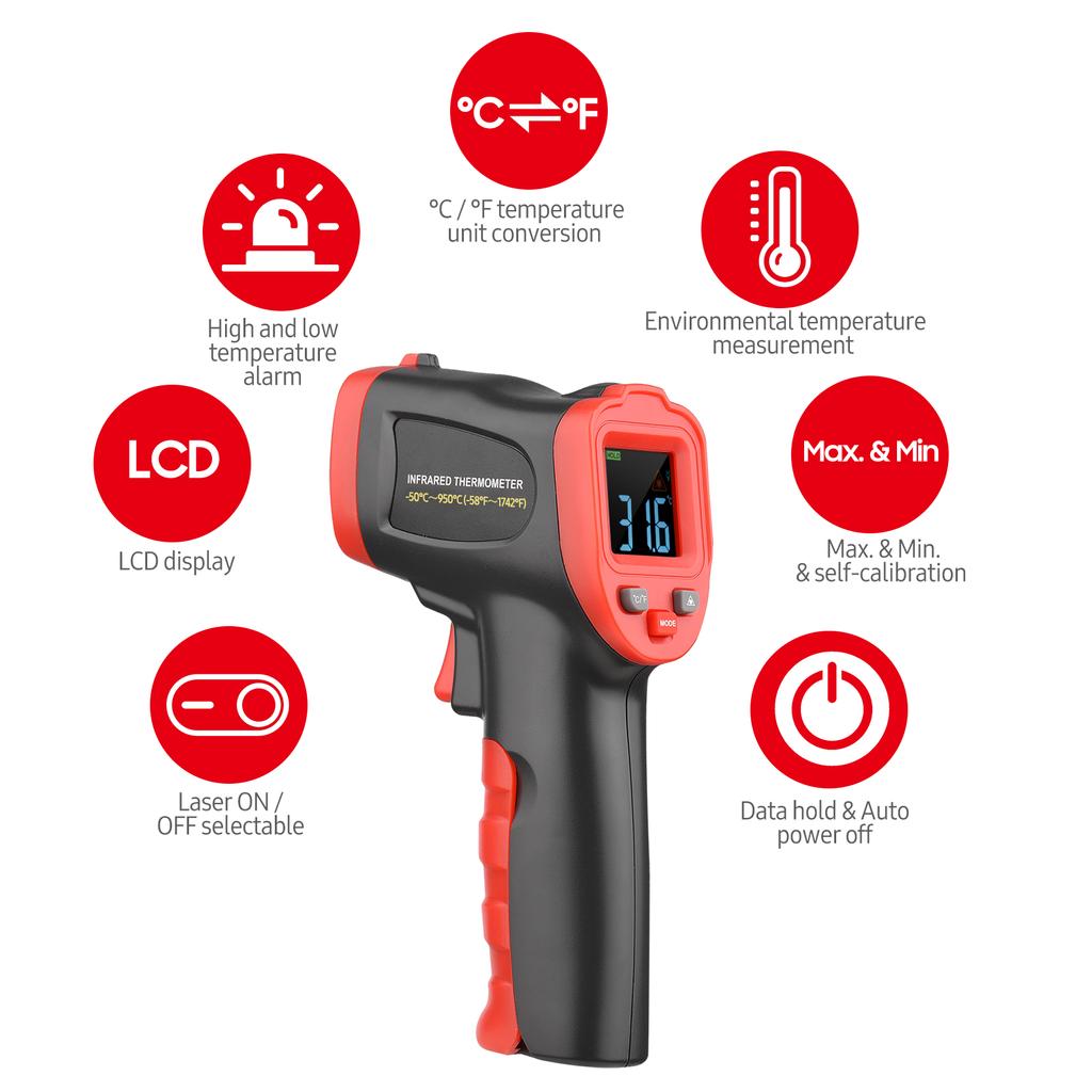 50 celsius  950 celsius    58 Fahrenheit  1742 Fahrenheit  Colorful Screen Infrared Thermometer IR Laser Thermometer