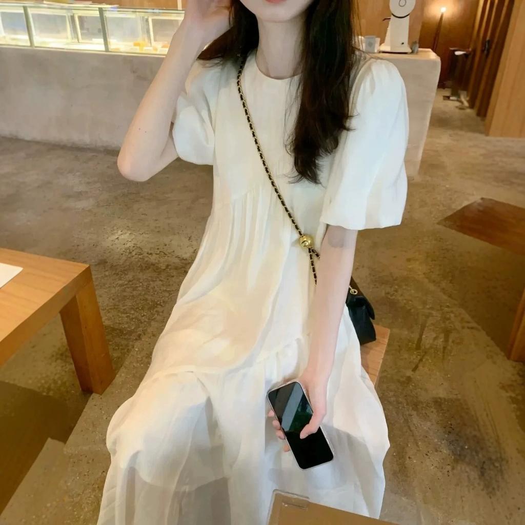 French princess retro white chiffon bubble sleeve long dress spring and summer first love super fairy gentle long dress