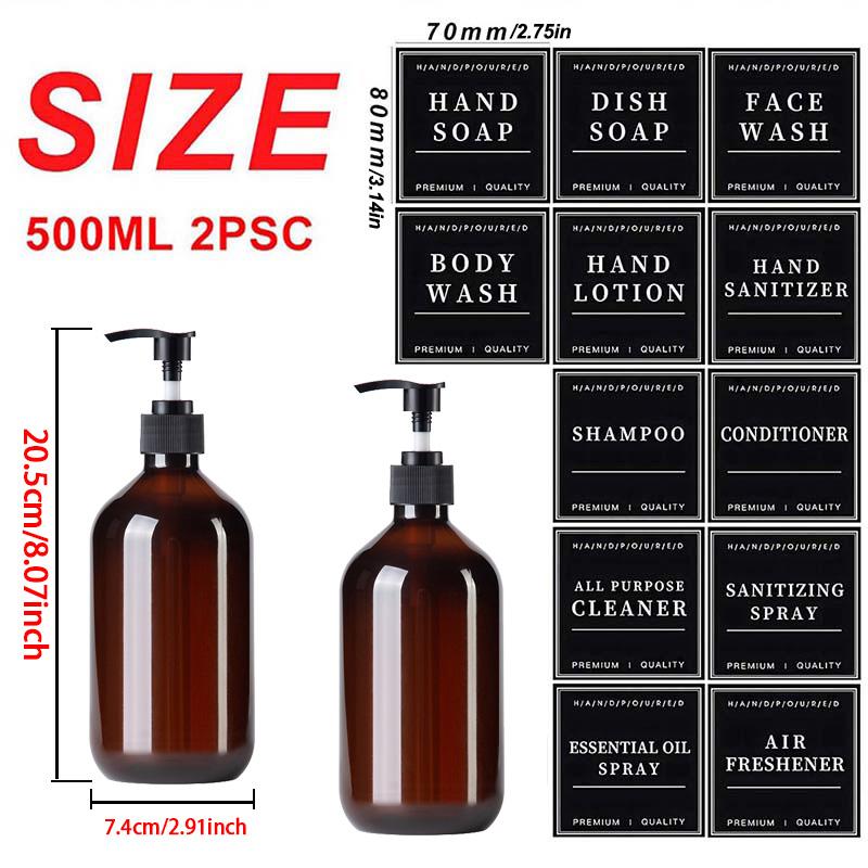 500ML 2 Τεμάχια Κεχριμπαρένι Επαναγεμιζόμενα Μπουκάλια Σαμπουάν και Conditioner Διανομείς Αφρόλουτου Μπουκάλι Σαπουνιού Μπουκάλι Λοσιόν Ντους Δοχείο Υγρού με Ετικέτες