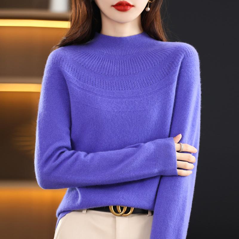 Half Turtleneck Cardigan for Women In Autumn and Winter New First-line Ready-to-wear Wool Knitted Base Shirt Fashionable and Versatile Hollow Top