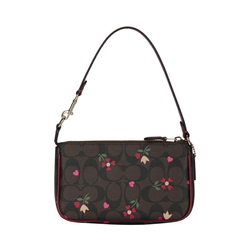 Coach Nolita 19 Presbyopia Love Flower Print Zipper Leather Armpit Bag Mahjong Bag Clutch Small Size Women's Brown/burgundy Color Matching