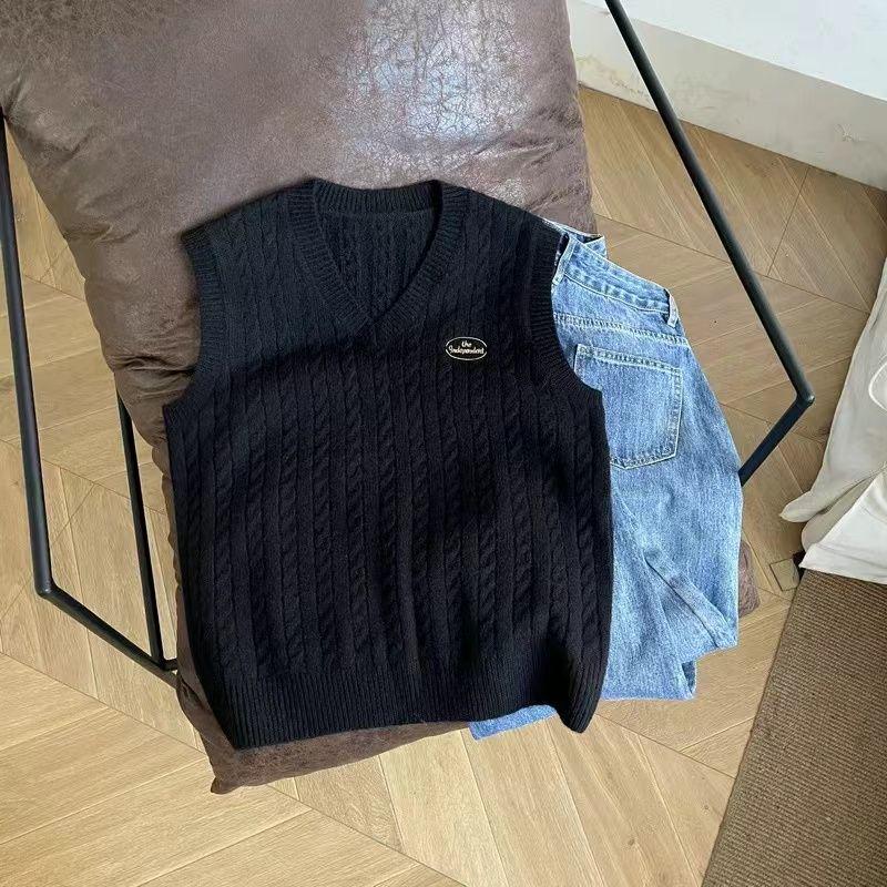 

Женский трикотажный жилет преппи с V-образным вырезом - Осенний приталенный свитер без рукавов, майка L