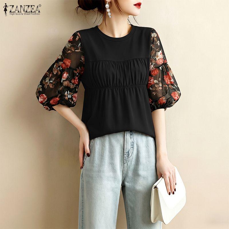 ZANZEA Women Casual Round Neck Loose Floral Print Splice 3/4 Sleeve Blouse