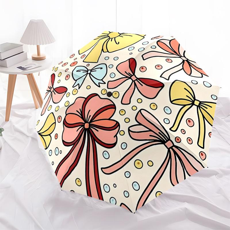 1pc Bow Pattern Automatic Folding Umbrella - 8-Rib Iron Frame, Windproof, Portable Sunshade with Plastic Handle for Travel & Outdoor Activit