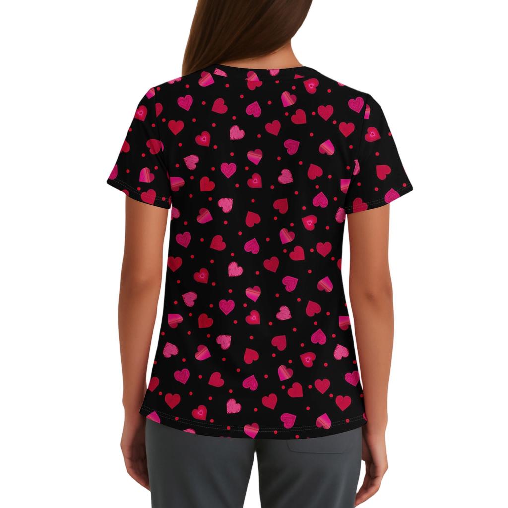 Women's Cute Bow Printed Work Clothes V-neck Double Layer Pockets Basic Short Sleeve Top Pullover