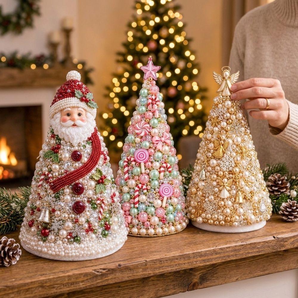 Colorful Beads DIY Beaded Christmas Tree Kit Educational Handmade Tabletop Christmas Tree Set Star Topper Faux Pearl
