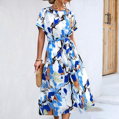 Women Summer Elegant Short Sleeve O Neck Printing Waisted One Piece Dress