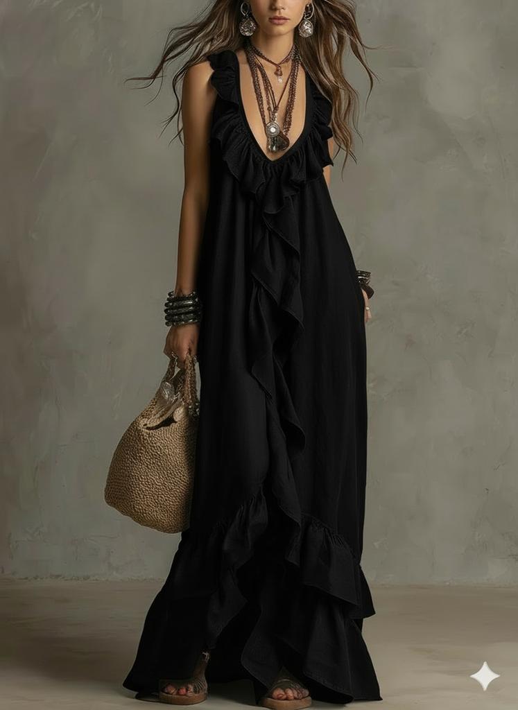 2026 Casual Bohemian Urban V-Neck Short Sleeve Ruffle Edge Vintage Dress Vacation Style