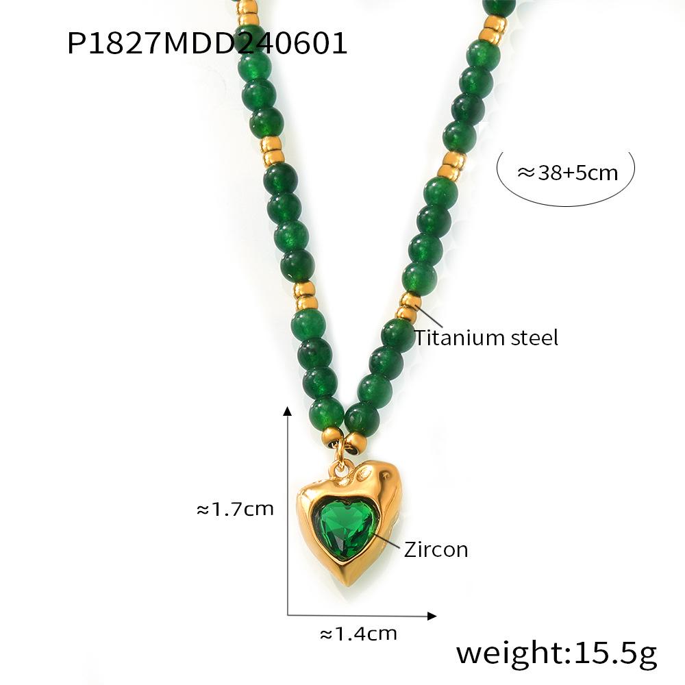 Bohemian Green Stone Beaded Titanium Necklace with Irregular Heart Pendant