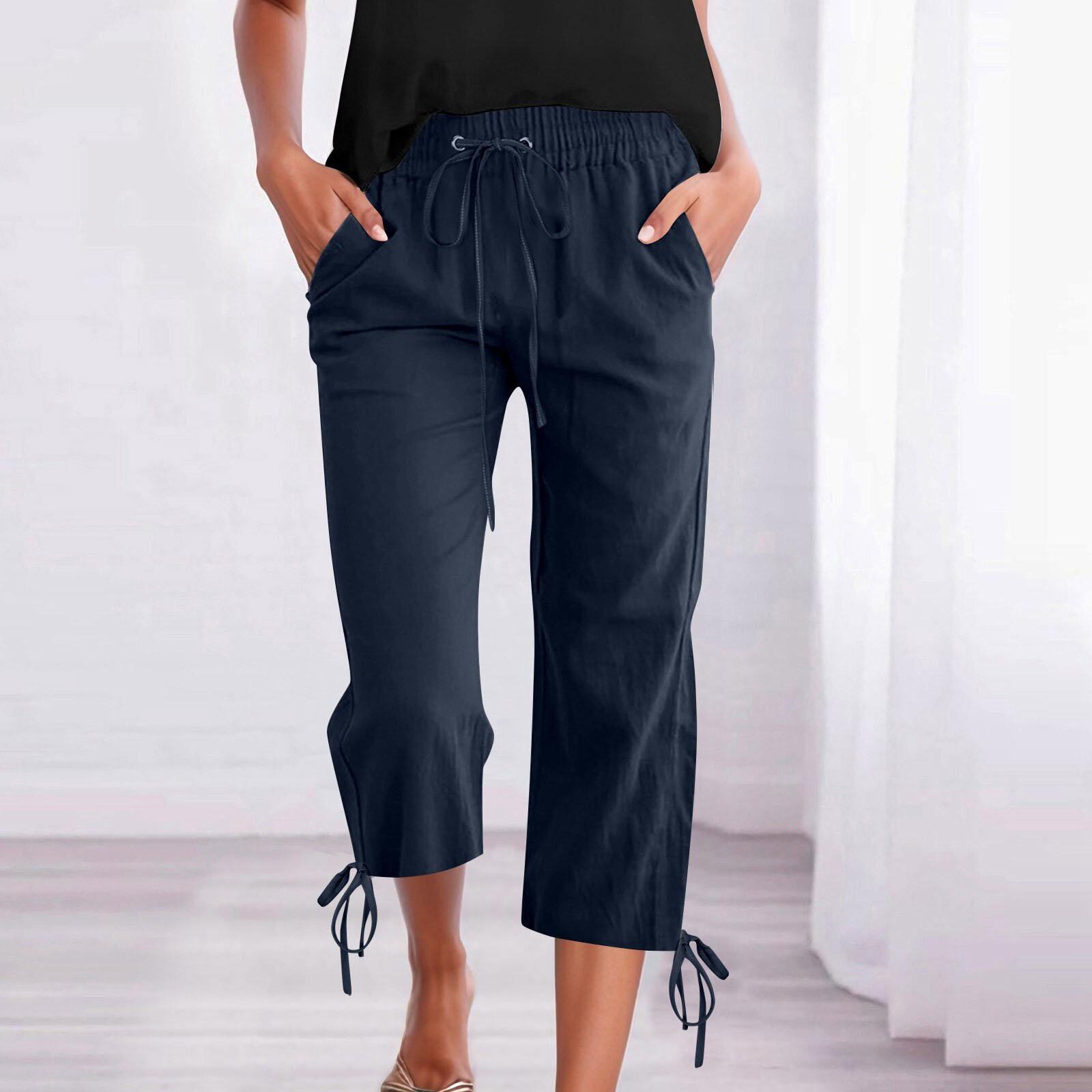 

Женские повседневные однотонные свободные прямые укороченные брюки из хлопка и льна с завязками на шнурке и карманами XL тёмно-синий