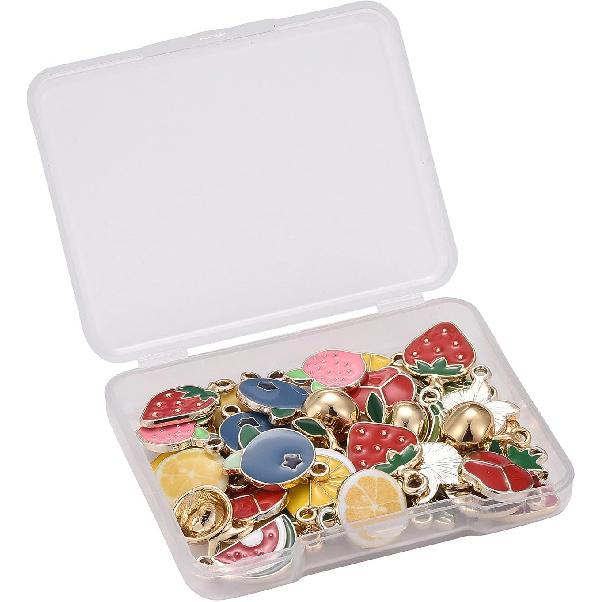 FASHEWELRY 40Pcs Alloy Fruit Theme Enamel Charms 10 Styles Cute Orange Peach Blueberry Strawberry Dangle Pendants Light Gold Plated for Jewelry