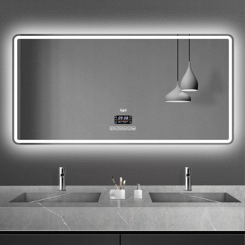 European-Style LED Square Bathroom Mirror with Touchscreen, Anti-Fog, Bluetooth, and Induction Features