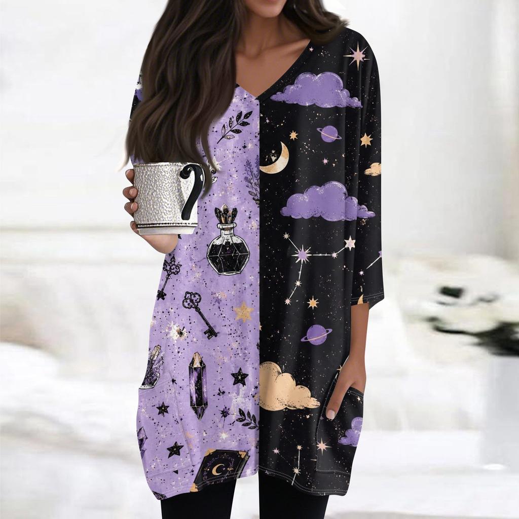 Women's Halloween Print V-Neck Tunic Top, 3/4 Sleeve, Pocket