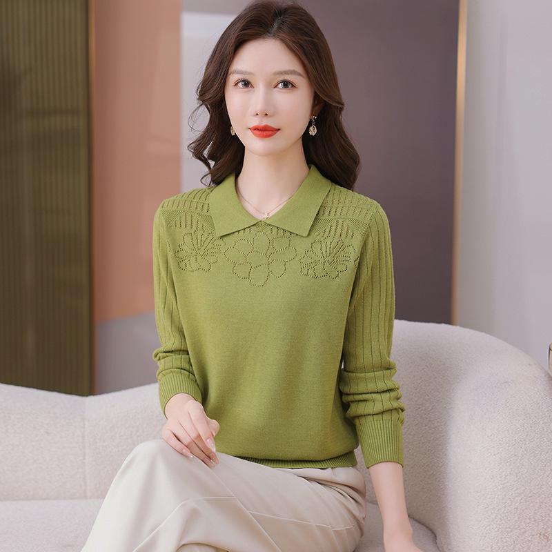 Autumn 2025 Hollowed-Out Long-Sleeve Knitted Sweater with Turn-Down Collar - Women's Fashionable Base Layer Pullover