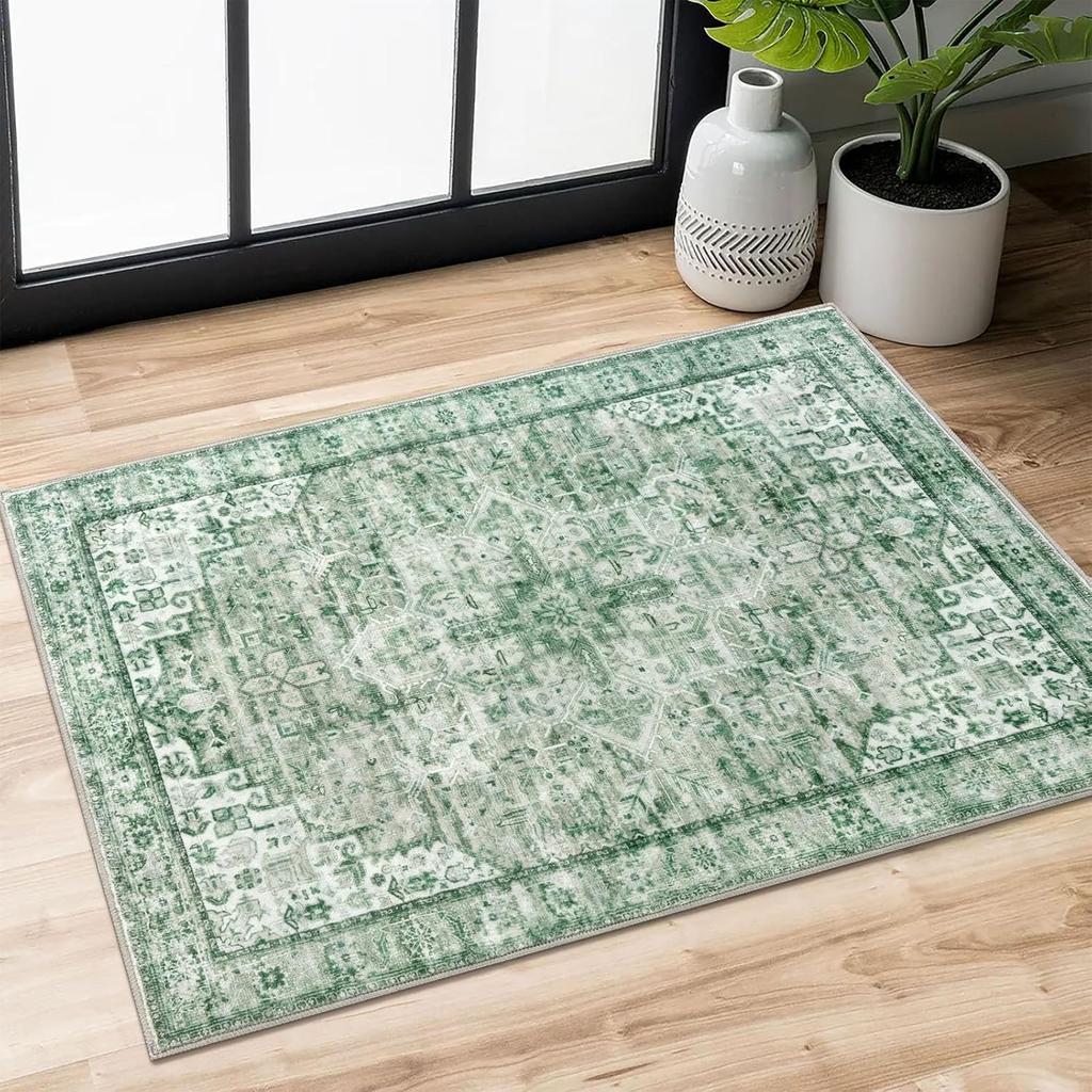 Green Non-Slip Washable Kitchen Runner, Vintage Boho Runners Printed Rug with Non-Shedding, Soft Medallion Floor Carpet for