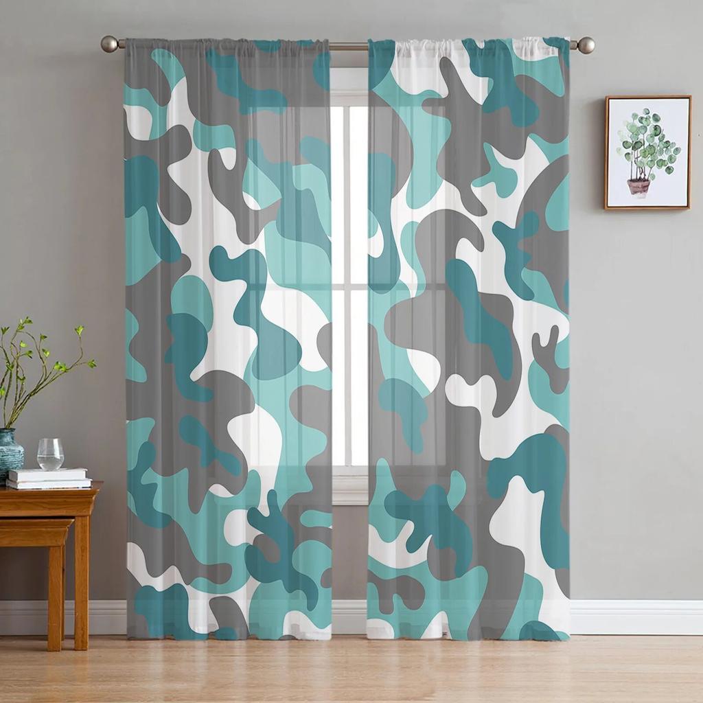 Blue Camouflage Printed Sheer Tulle Curtains for Bedroom Living Room Balcony Outdoor Summer Home Decor