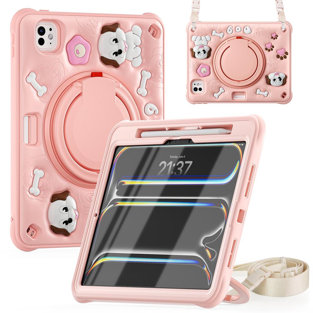 For iPad Pro 11 (2025)/11 (2024) Case with Shoulder Strap Cute Dog Kickstand PC+Silicone+TPU Tablet Cover