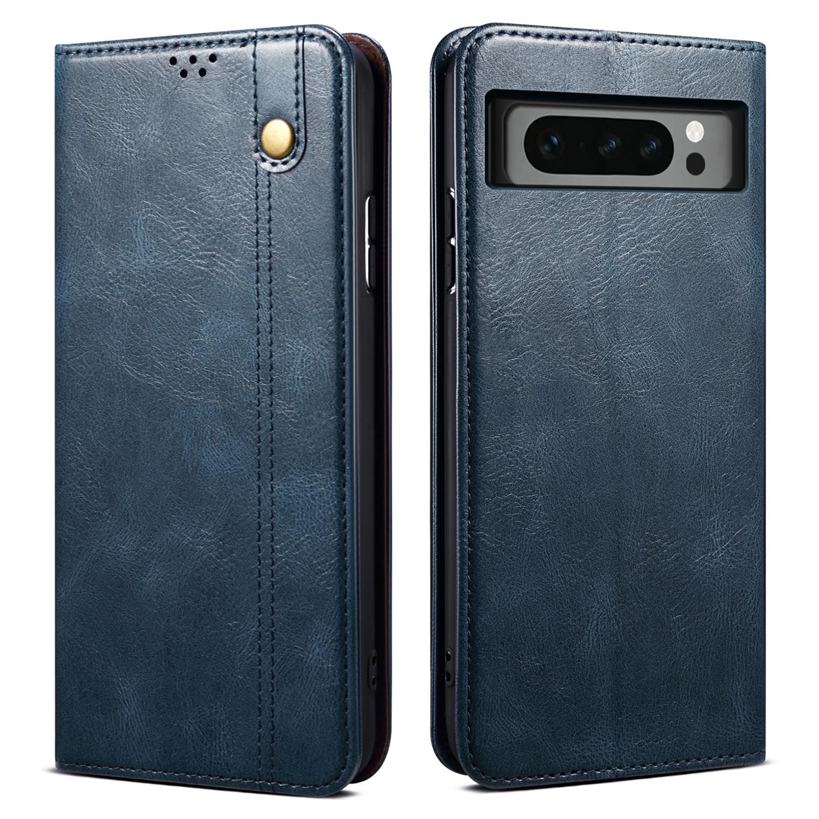 

For Google Pixel 8 Pro Waxy Crazy Horse Texture Leather Wallet Case Flip Stand Phone Cover Blue