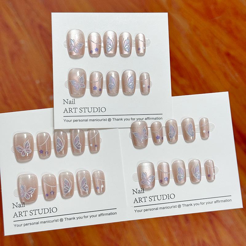 

Синие бабочки Кошачий глаз Носимые наклейки для ногтей - Расписанные вручную готовые элементы для ногтей Glue Set