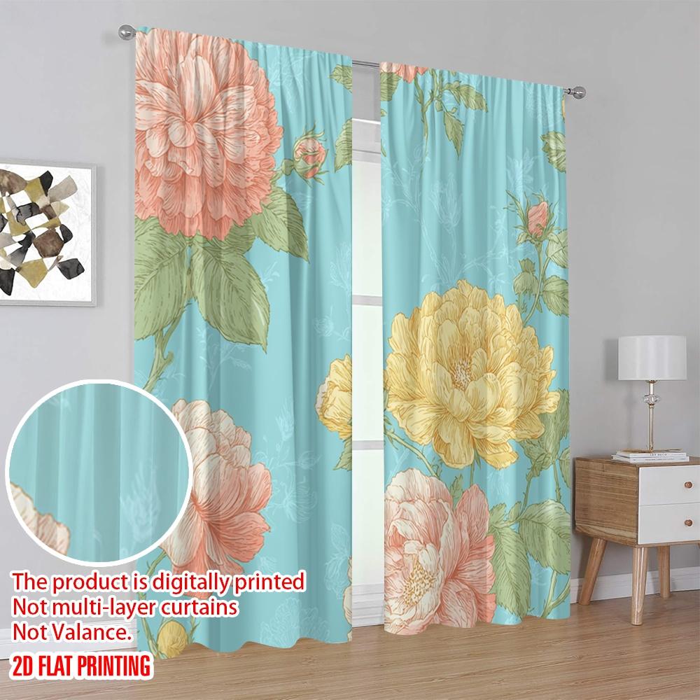 2pcs 2D Flat Printing Drapes Vintage Floral Rose Digital Printed Polyester Drapes Festive Curtains Use for Photo Booths &