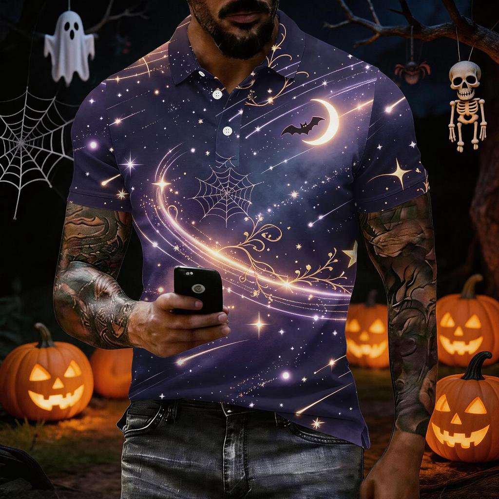 Men's Short Sleeve Halloween Print Shirt for Casual Wear and Halloween Parties