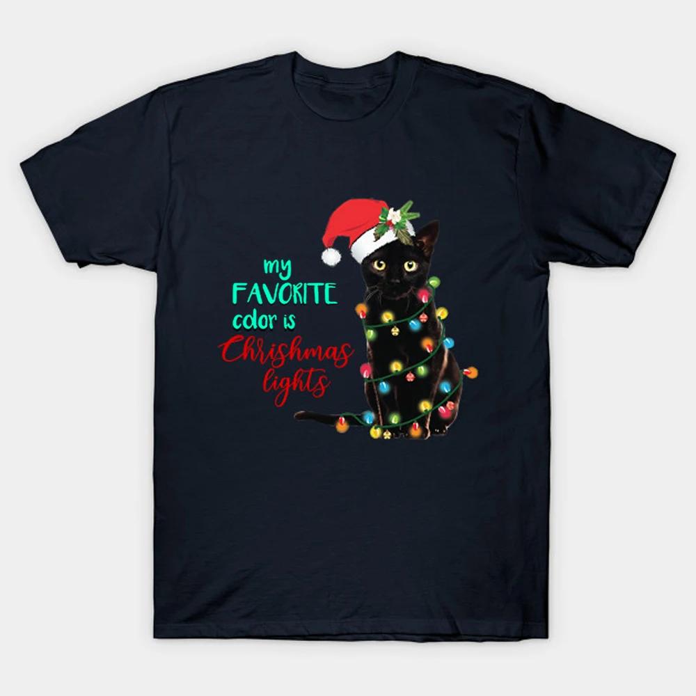Funny Christmas Lights Black Cat Xmas Gift T Shirt New 100 Cotton Short Sleeve ONeck Tshirt Casual Unisexs Top
