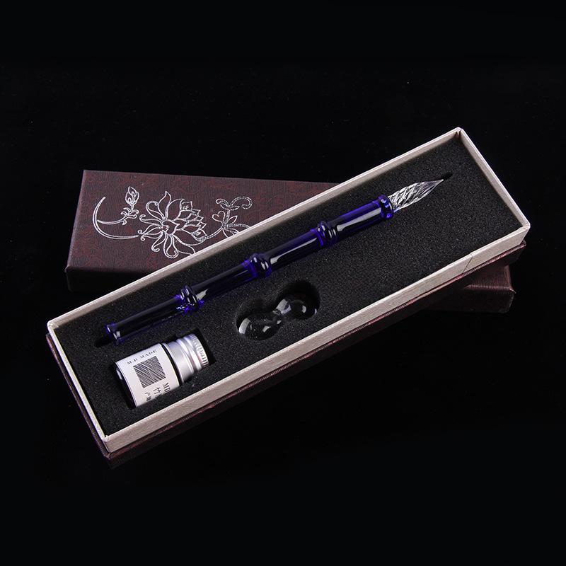 Bamboo Glass Dip Pen with Artistic Colored Ink Calligraphy Crystal Signature Pen for Drawing Writing Office School Supplies