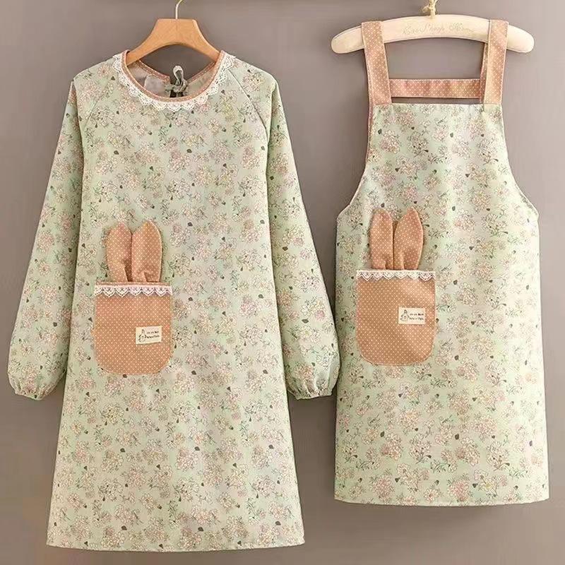 

Хлопковый фартук с длинным рукавом в корейском стиле с цветочным принтом: Милый, Дышащий, Износостойкий, Маслостойкий Кухонный Халат для Женщин