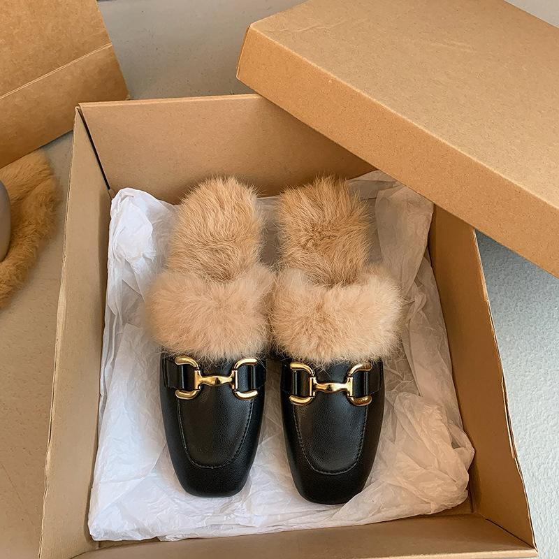 

Пушистые тапочки Baotou half-drag для женщин, которые можно носить осенью и зимой 2024 года, новые туфли на толстом каблуке с пряжкой и квадратной головкой от Muller 36