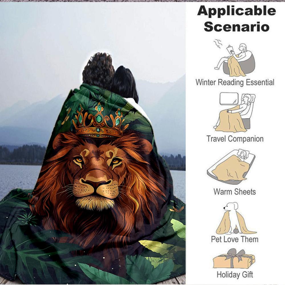 1Pc Royal Lion Jungle Flannel Blanket, Soft And Comfortable, Casual Warm, Camping Travel, Christmas, Halloween Xmas Gift. G1266
