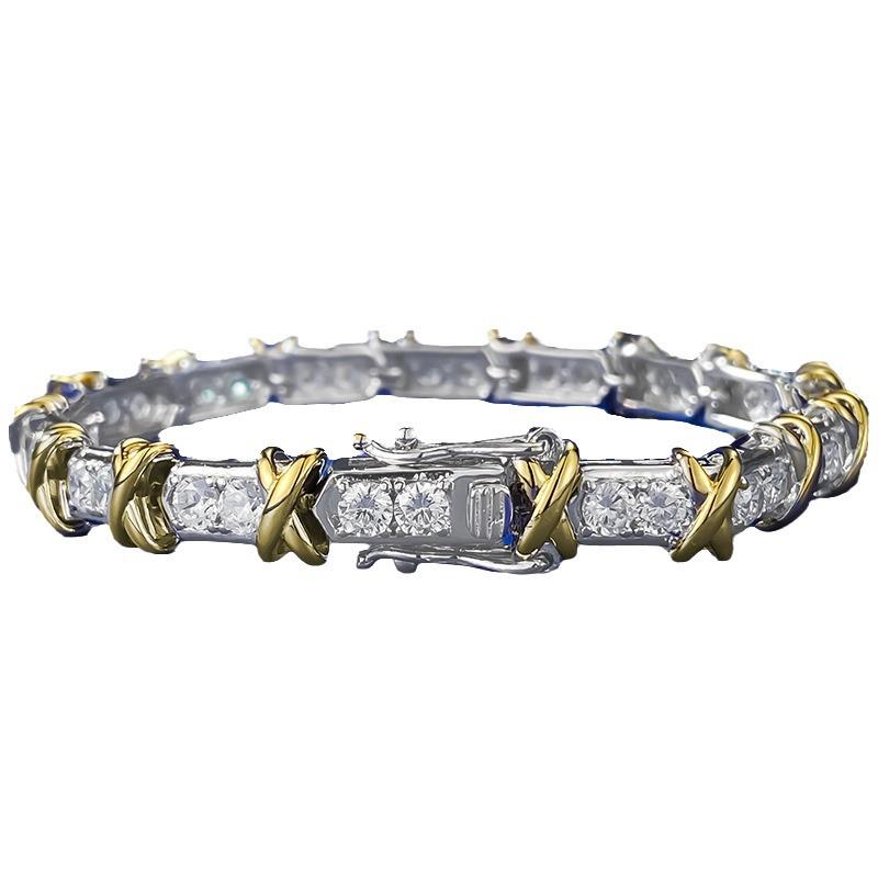 Xiancan Jewelry S925 Silver Gold-Plated XO Diamond Two-Tone Bracelet - Retro European & American Style