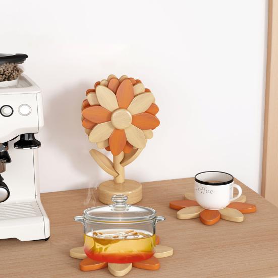 Wooden Sunflower Coaster Heat-Resistant Hot Dish Pot Bowl Teapot Pan Trivet Decorative Kitchen Coffee Dining Table Drink Cup Coaster