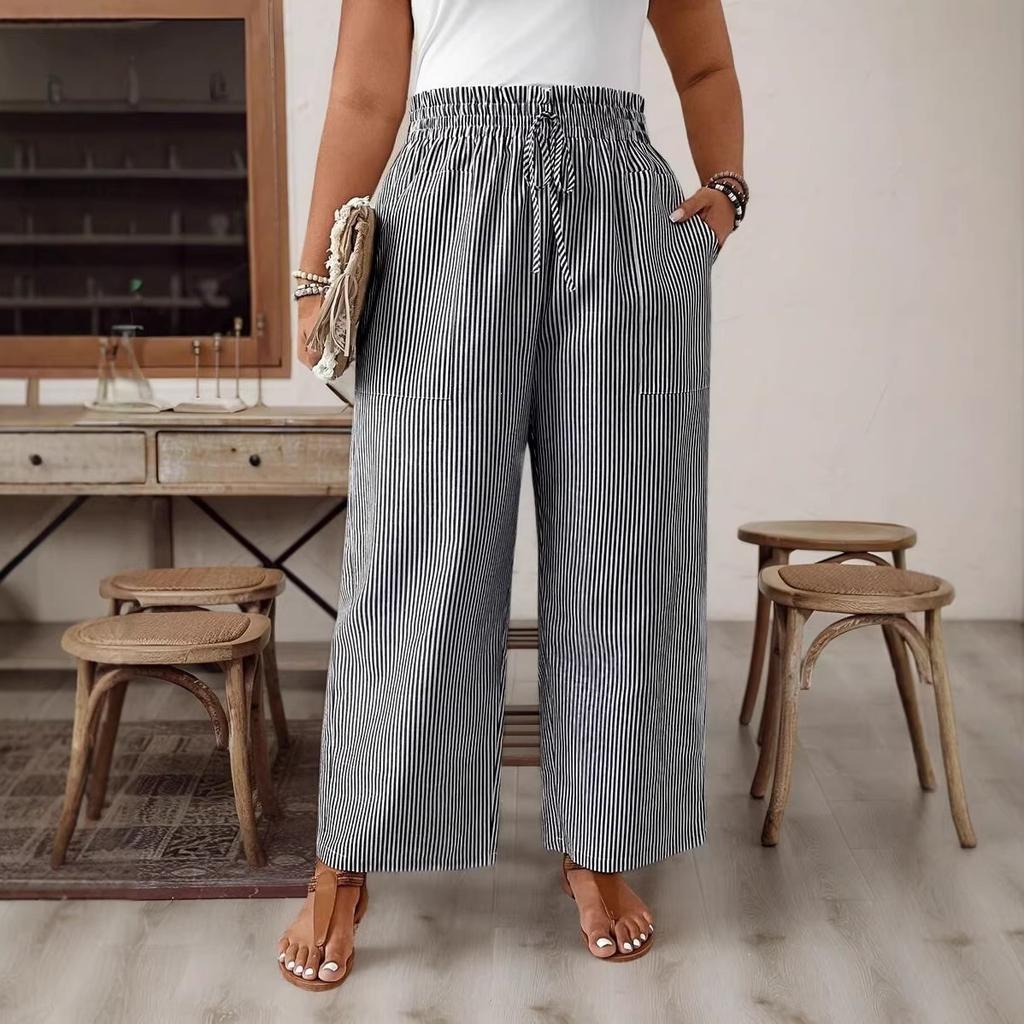 women's Plus Size High Waist Drawstring Striped Wide Leg Pants Casual Pocket Long Trousers