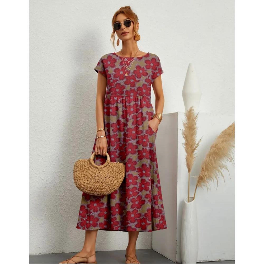 

Женские летние повседневные платья в модном стиле с коротким рукавом и принтом с круглым вырезом и карманами S