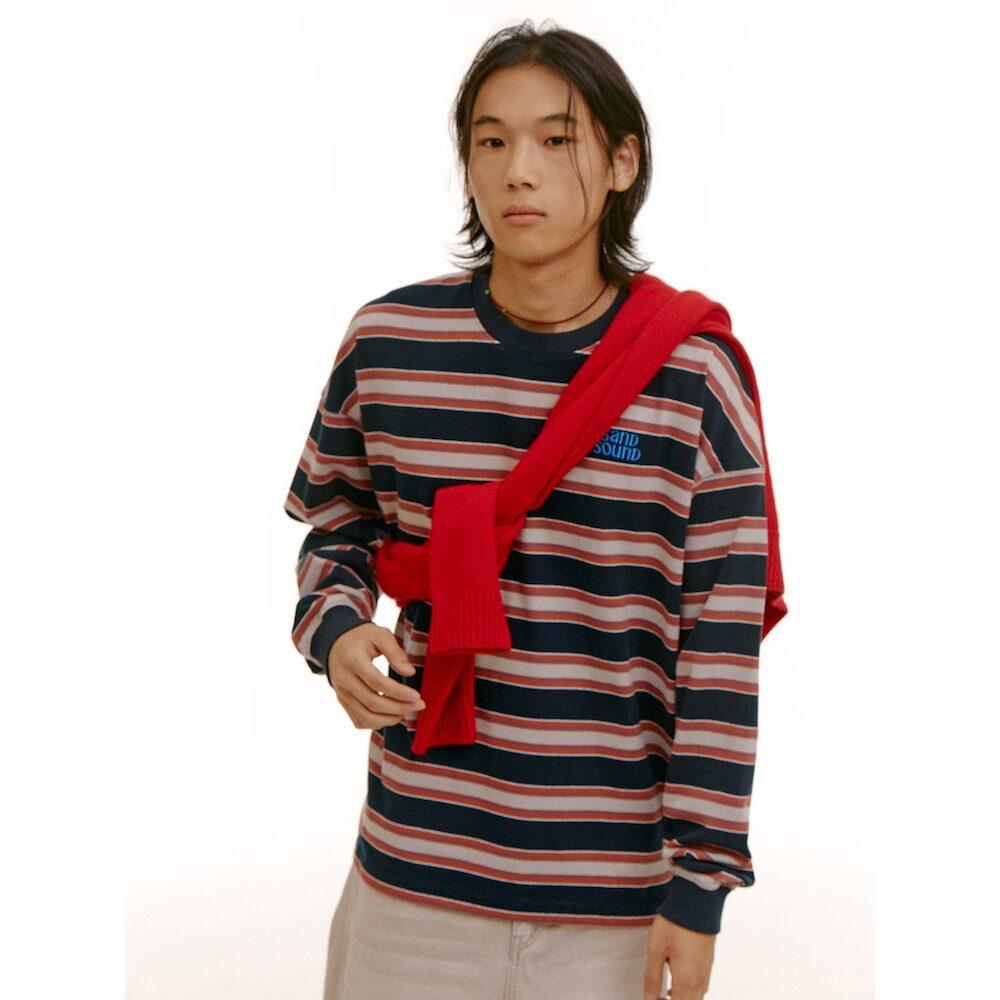 Saendeusaundeu (Unisex) Striped Long Sleeve T-Shirt Navy
