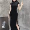 Vintage Black Velvet Cheongsam: Modern Slit Silk Dress