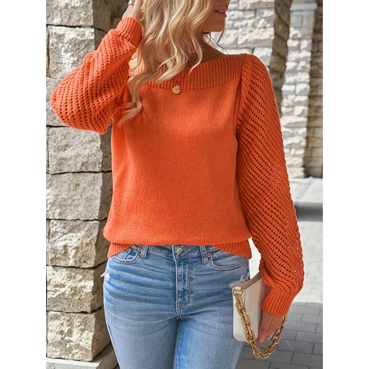 

Женский свитер весна-осень однотонный с ажурной вязкой, с длинным рукавом, пуловер на одно плечо, вязаный свитер-топ S оранжевый
