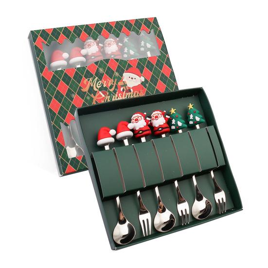 Christmas Spoon Cutlery Set Stainless Steel Xmas Dinner Forks Dessert Fruit Ice Cream Tea Cake Forks Doll Tableware Gift Box Christmas Party Supply