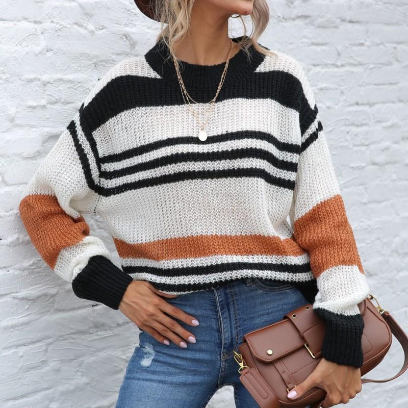 Striped Pullover Sweater Long Sleeve Round Neck Loose Fit Casual Women Fall 2025
