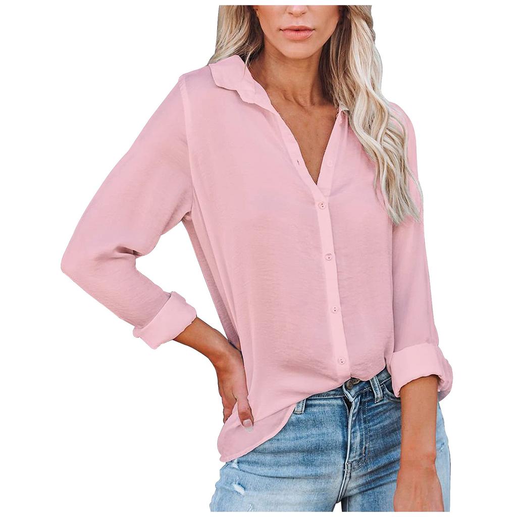 Women's Fashion Casual Buckle Long Sleeve Sleeve Slit Shirt Tops Solid Color
