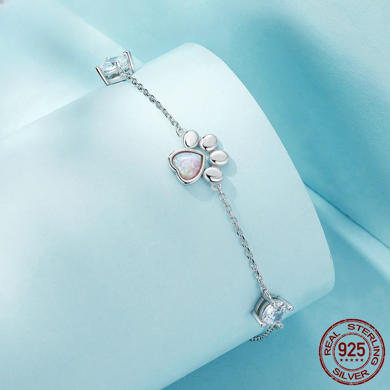 New Exquisite Opal S925 Silver Bracelet Niche Light Luxury Style Cat Paw Print Bracelet Jewelry Gift