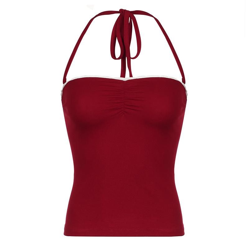 

Весенне-летняя женская мода в стиле «сладкие специи», кружевной плиссированный топ с завязками на шее и грудью L красный