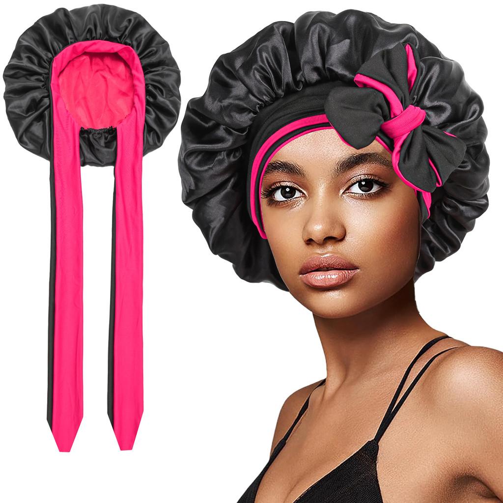 Polyester Double Layer Satin Sleep Cap With Bow Tie For Women And All Seasons Comfort