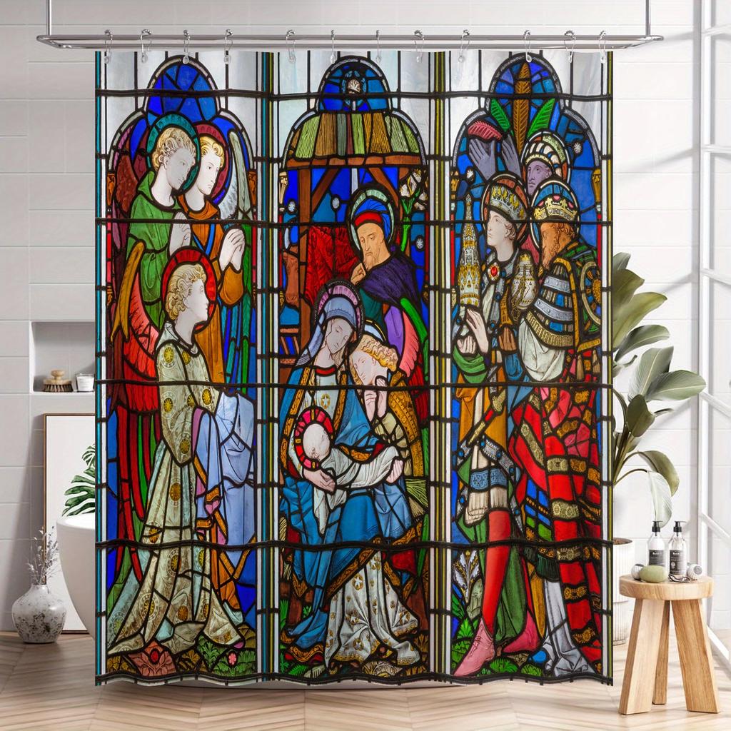Stained Glass Art Bath Curtain - Religious Figures & Vibrant Colors,Waterproof Home Decor Adds Spiritual Beauty To Your Bathroom