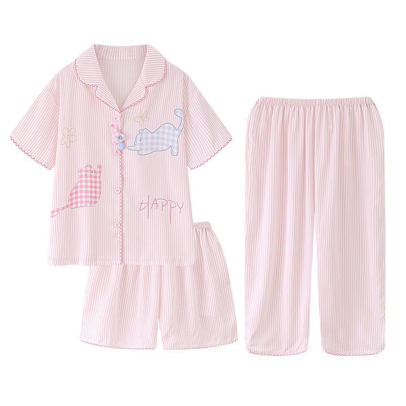Girls Pajama Set Ice Silk Short Sleeve Long Pants Shorts 3-Piece Cartoon Sleepwear Ages 8