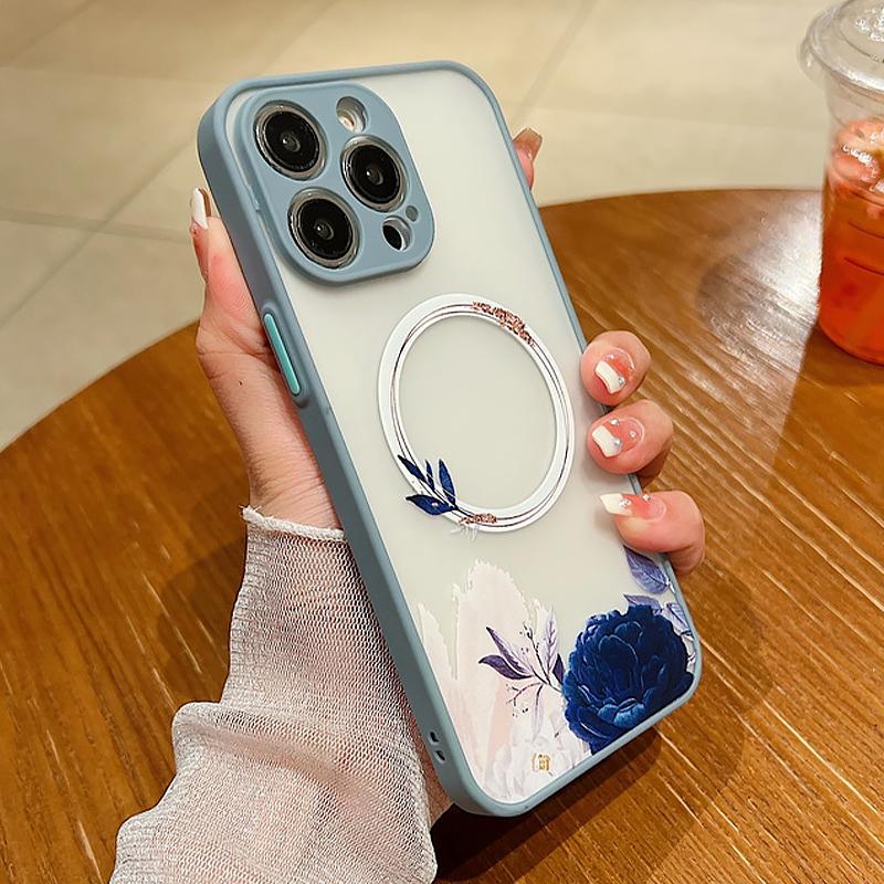 Flower Pattern Case For iPhone 17 16 13 15 Pro Max 14 12 Pro 11 Air Shockproof For Magsafe Charging Iron Ring Matte Phone Cover