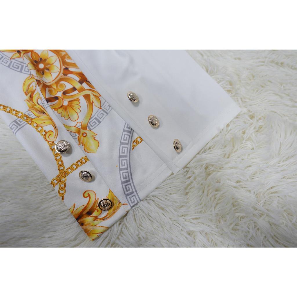 K10602 Women's Fashion Notched Collar Long Sleeve Printed Suit Two-Piece Set