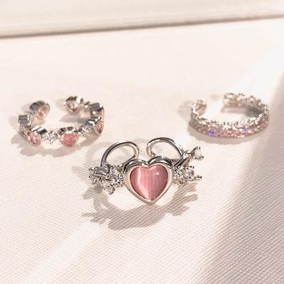 Pink Diamond Heart Opening Ring, Niche Design Thorn Ring, Women'S Personalized Layered Light Luxury High-End Ring